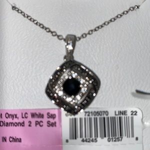 Sterling silver necklace, Onyx center stone white sapphire & diamond.